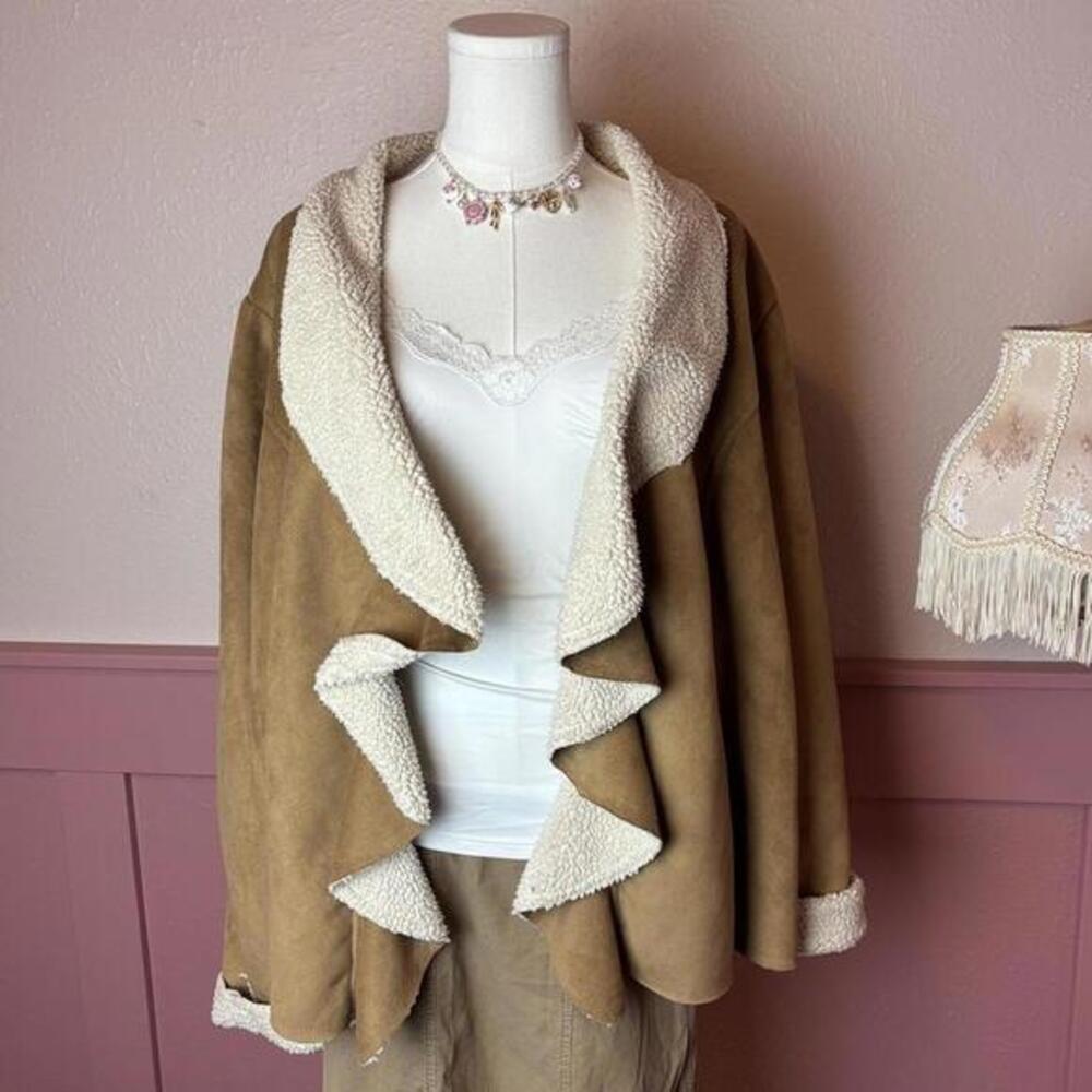 y2k penny lane faux suede sherpa waterfall ruffle coat a. gianetti 2x tan brown